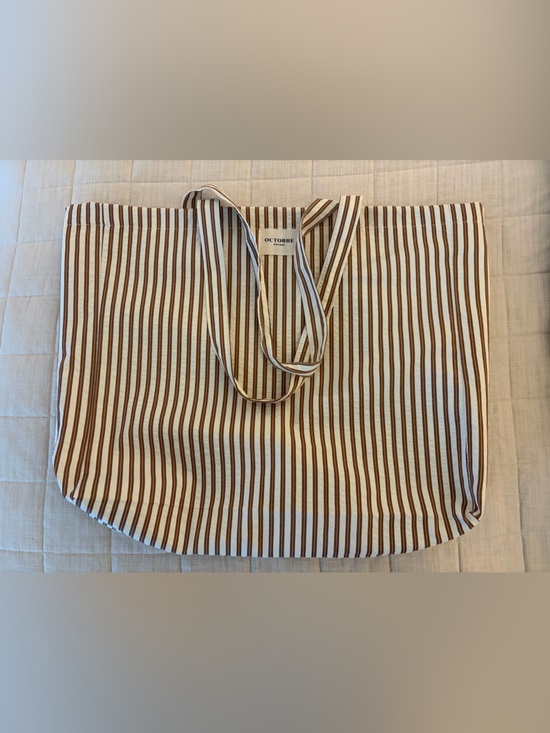 Sezane Handbags - Sezane Octobre Cream white and Brown Striped Tote Bag cotton poplin canvas